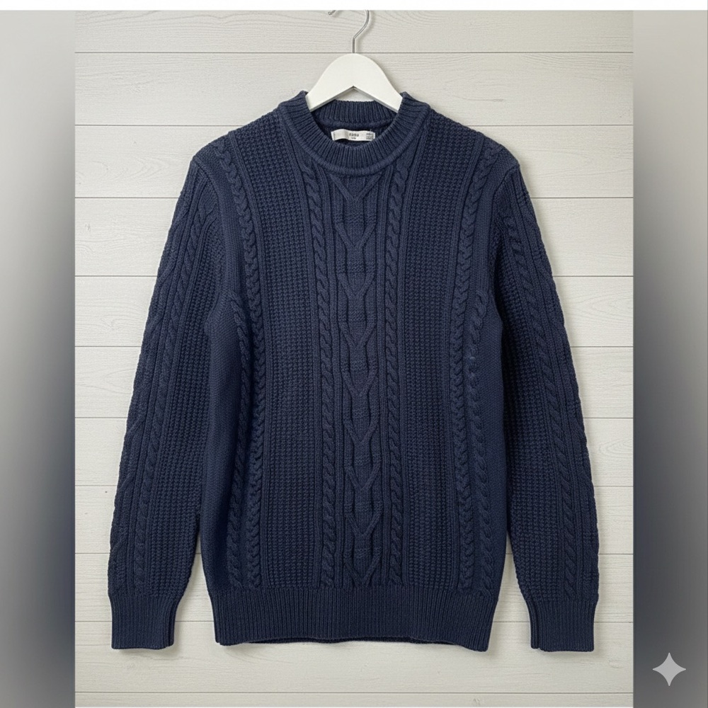 Mango Men's Navy Cable Knit Crewneck Sweater